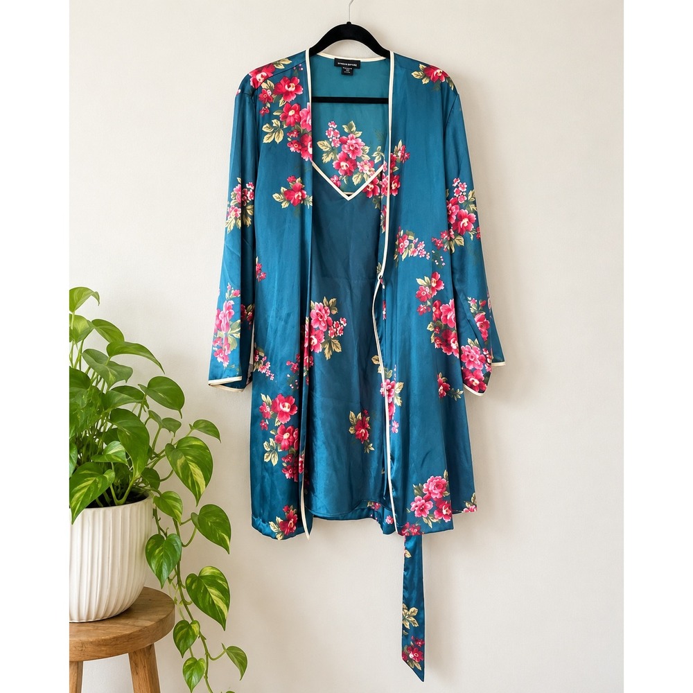 Jones New York Satin Chemise Robe Set XL Peacock Floral Vintage Negligee Pockets